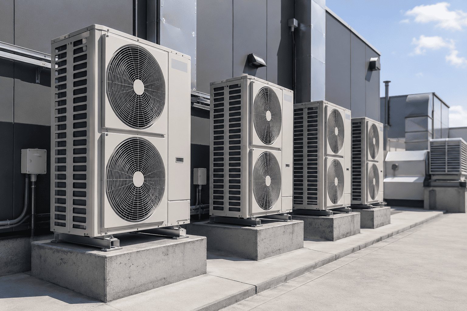 Groupes extérieurs de climatisation alignés sur socles béton en toiture