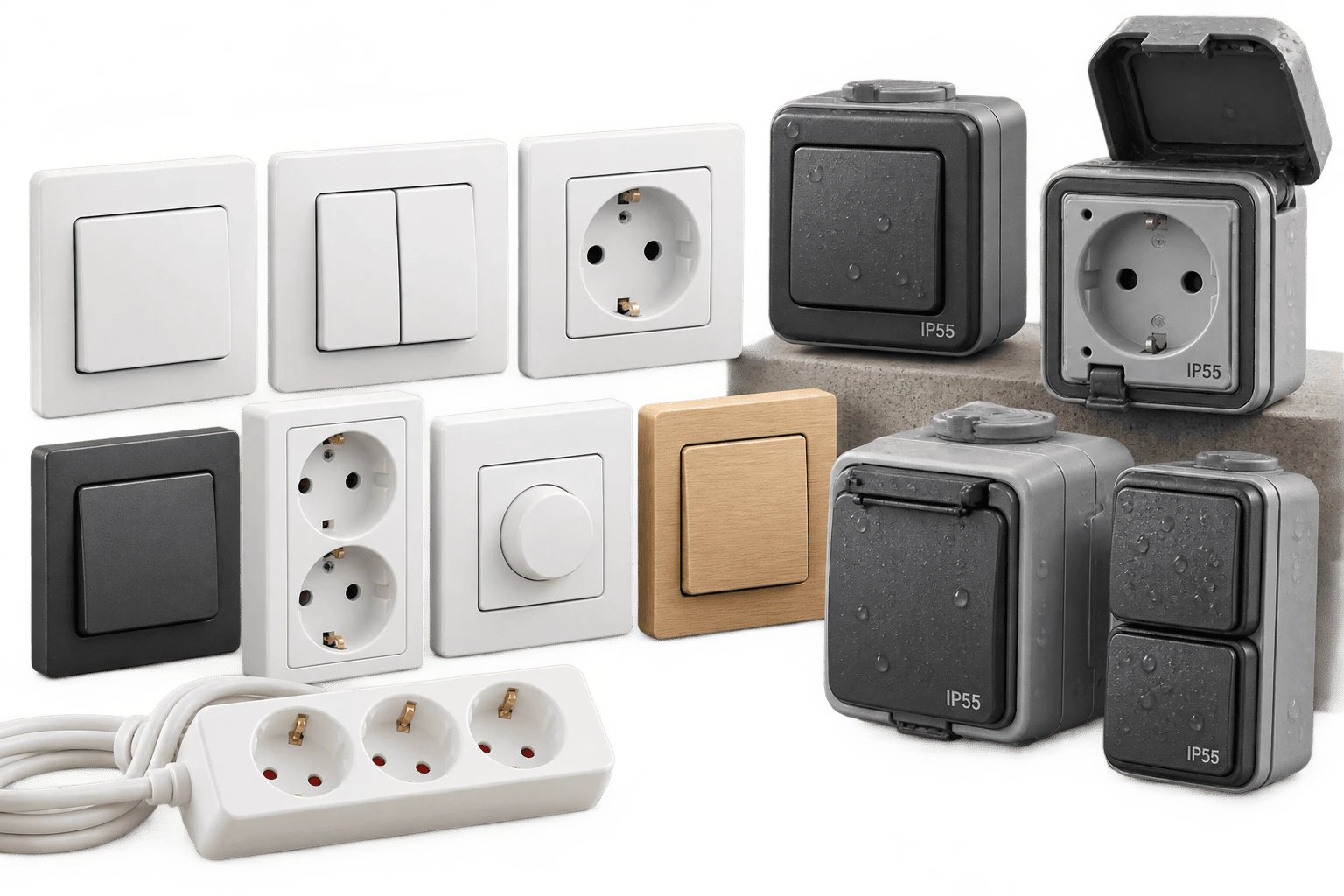Appareillage encastré : interrupteurs simples et doubles, prises, variateur, bloc multiprise et boîtiers étanches IP55