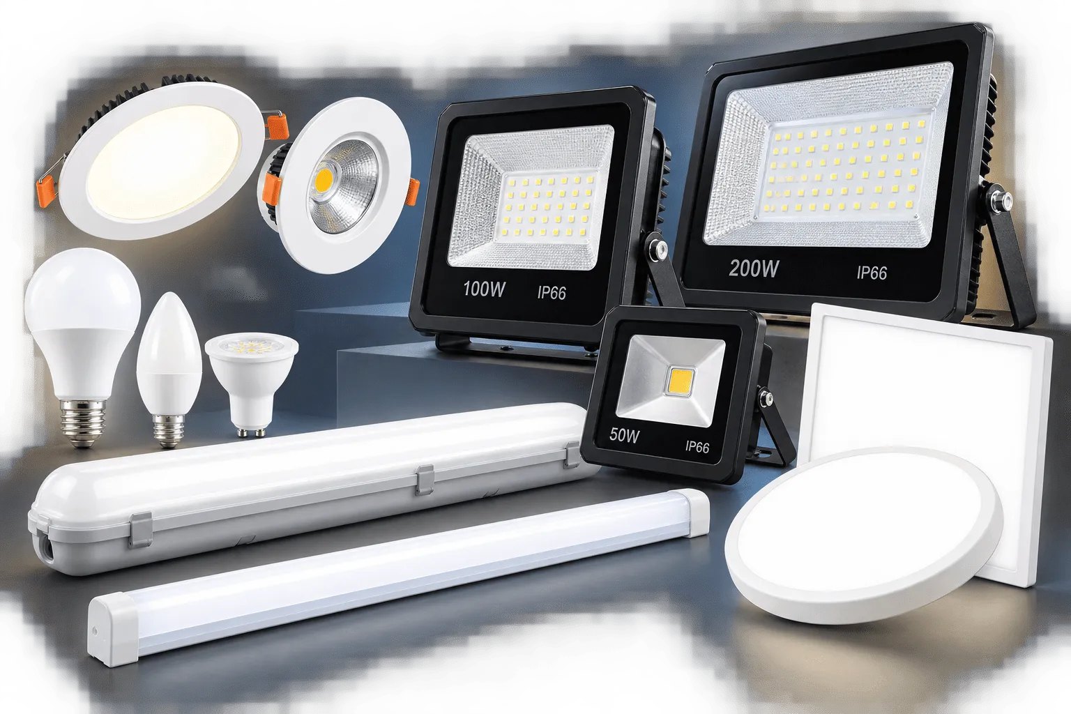Ampoules LED E27, E14 et GU10, spots encastrés, réglettes étanches, dalles et projecteurs LED 50 à 200 W IP66