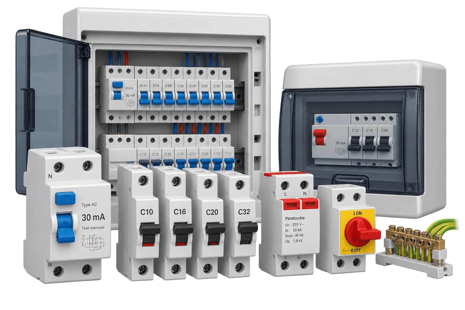 Coffrets électriques équipés, interrupteur différentiel 30 mA, disjoncteurs C10 à C32, parafoudre et barrette de terre