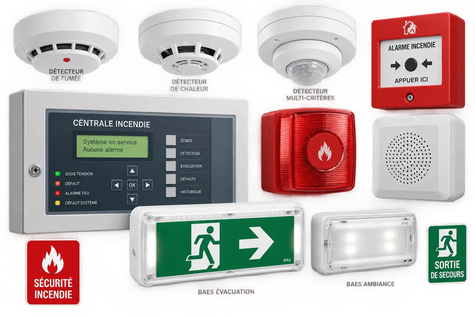 Détecteurs de fumée, de chaleur et multi-critères, centrale incendie, déclencheur manuel, sirène flash et blocs autonomes d'éclairage de secours
