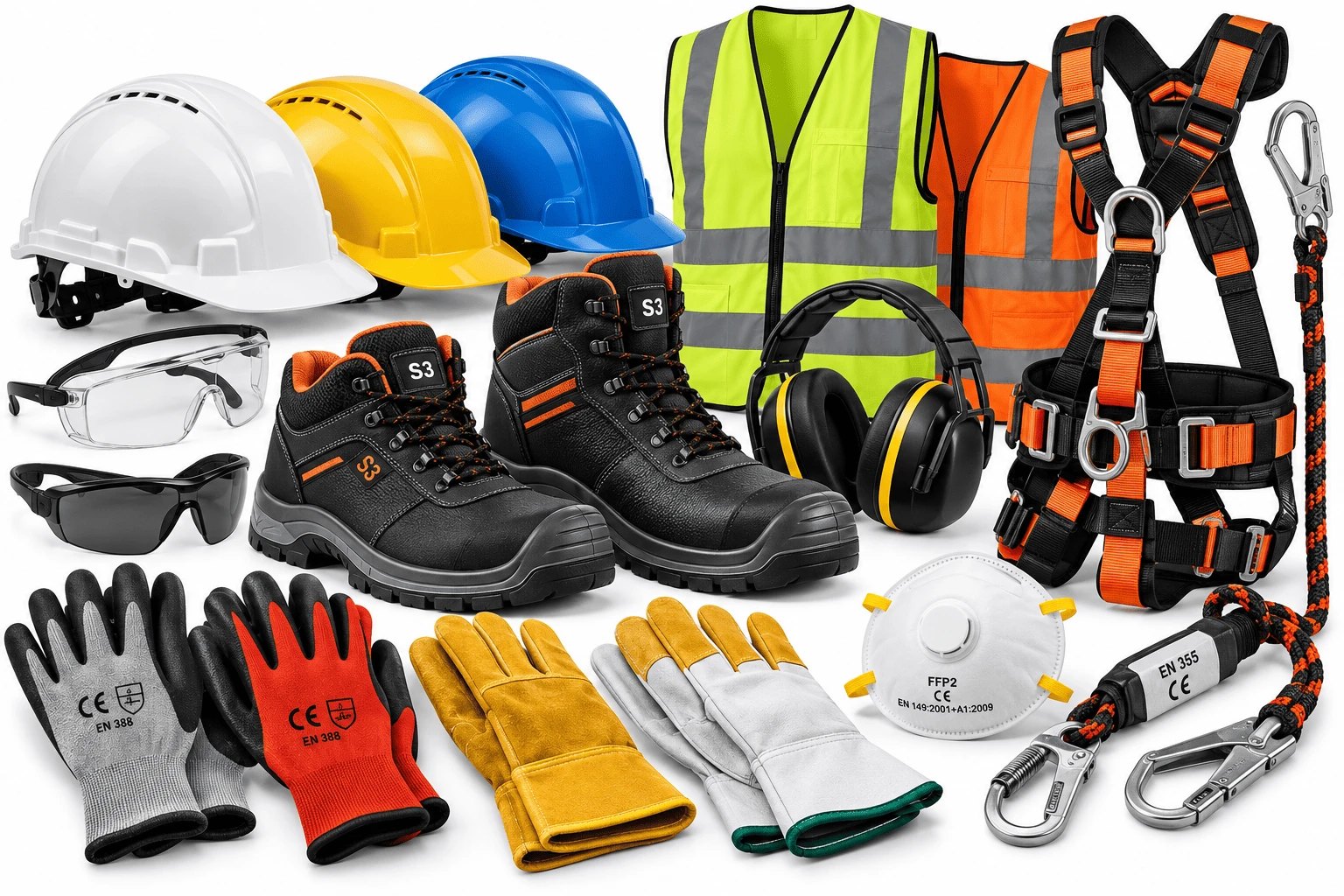 Équipements de protection : casques de chantier, lunettes, chaussures de sécurité S3, gilets haute visibilité, casque antibruit, masque FFP2, gants et harnais antichute