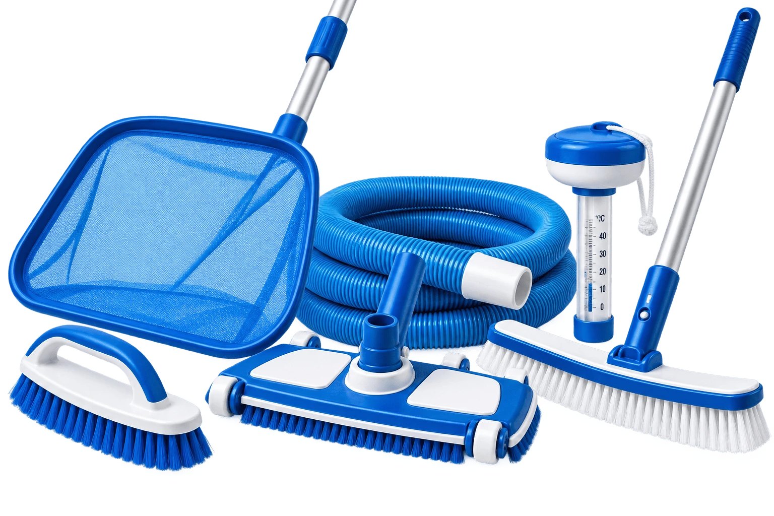 Matériel de nettoyage de piscine : épuisette de surface, balai aspirateur à roulettes, brosses de paroi, manche télescopique, tuyau flottant et thermomètre