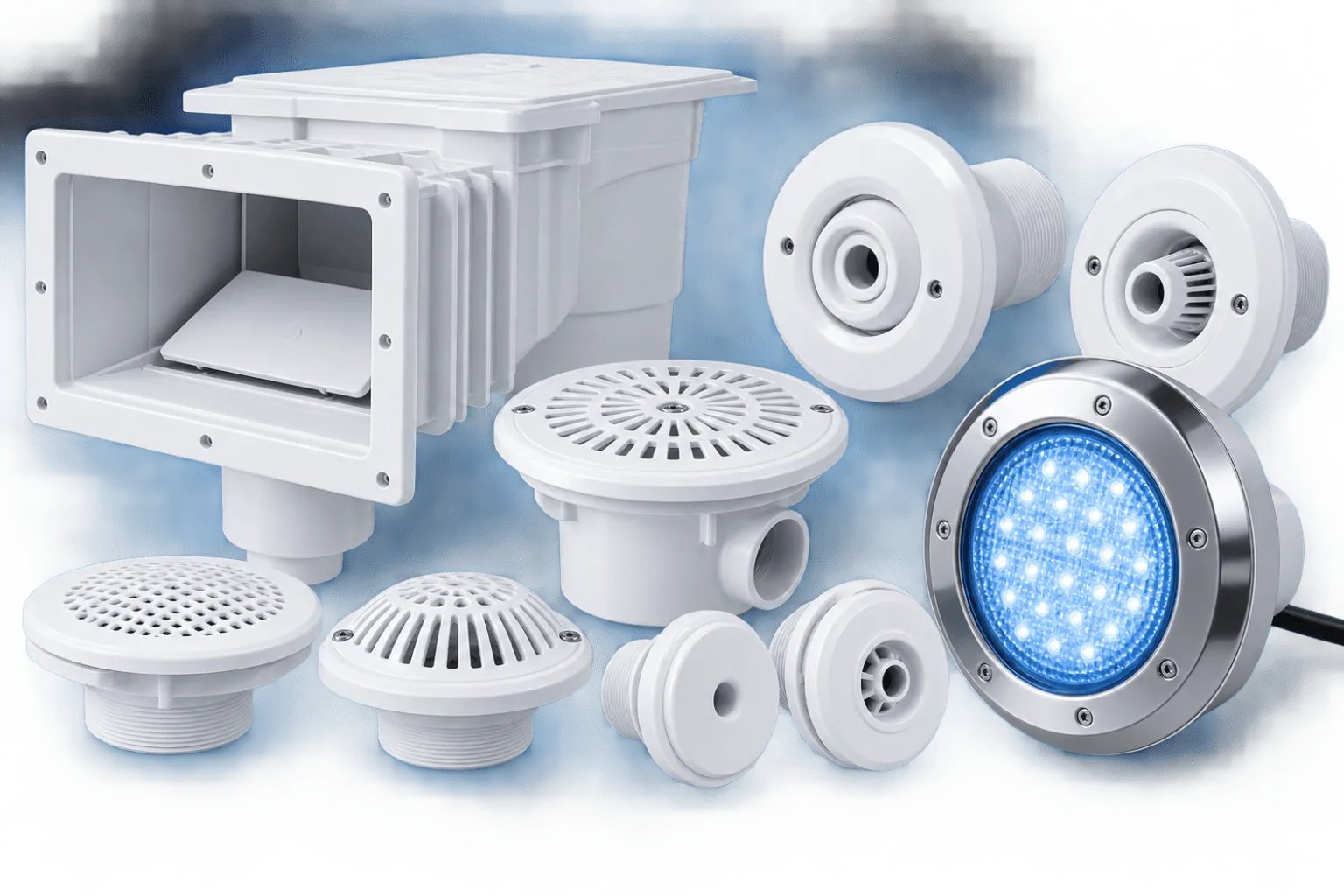 Pièces à sceller blanches : skimmer, bondes de fond, buses de refoulement, prises balai et projecteur LED bleu à enjoliveur inox