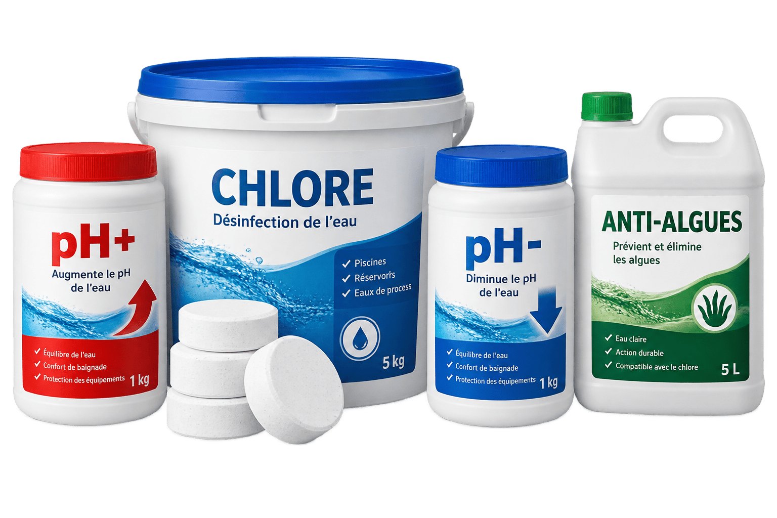 Produits de traitement de l'eau : seau de chlore 5 kg et galets, pots de pH plus et pH moins 1 kg, bidon d'anti-algues 5 L