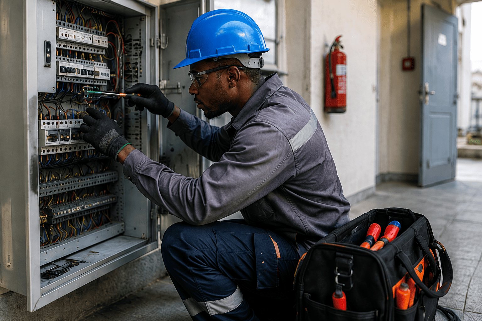 Technicien en intervention sur une armoire électrique, sacoche d'outils au sol