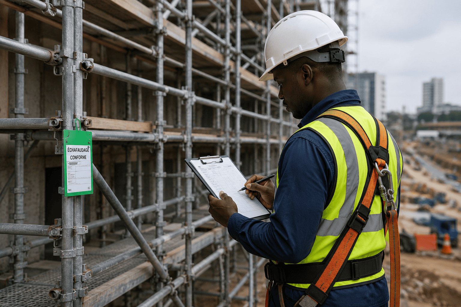 Contrôle de conformité d'un échafaudage, fiche de vérification en main